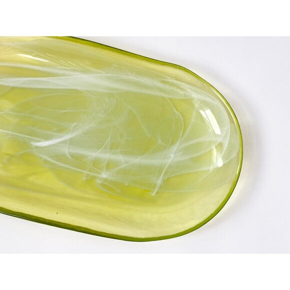 Lemon Lime Swirly Patterned Art Glass Oval Shaped Vintage Decorative Plate - Picture 3 of 13